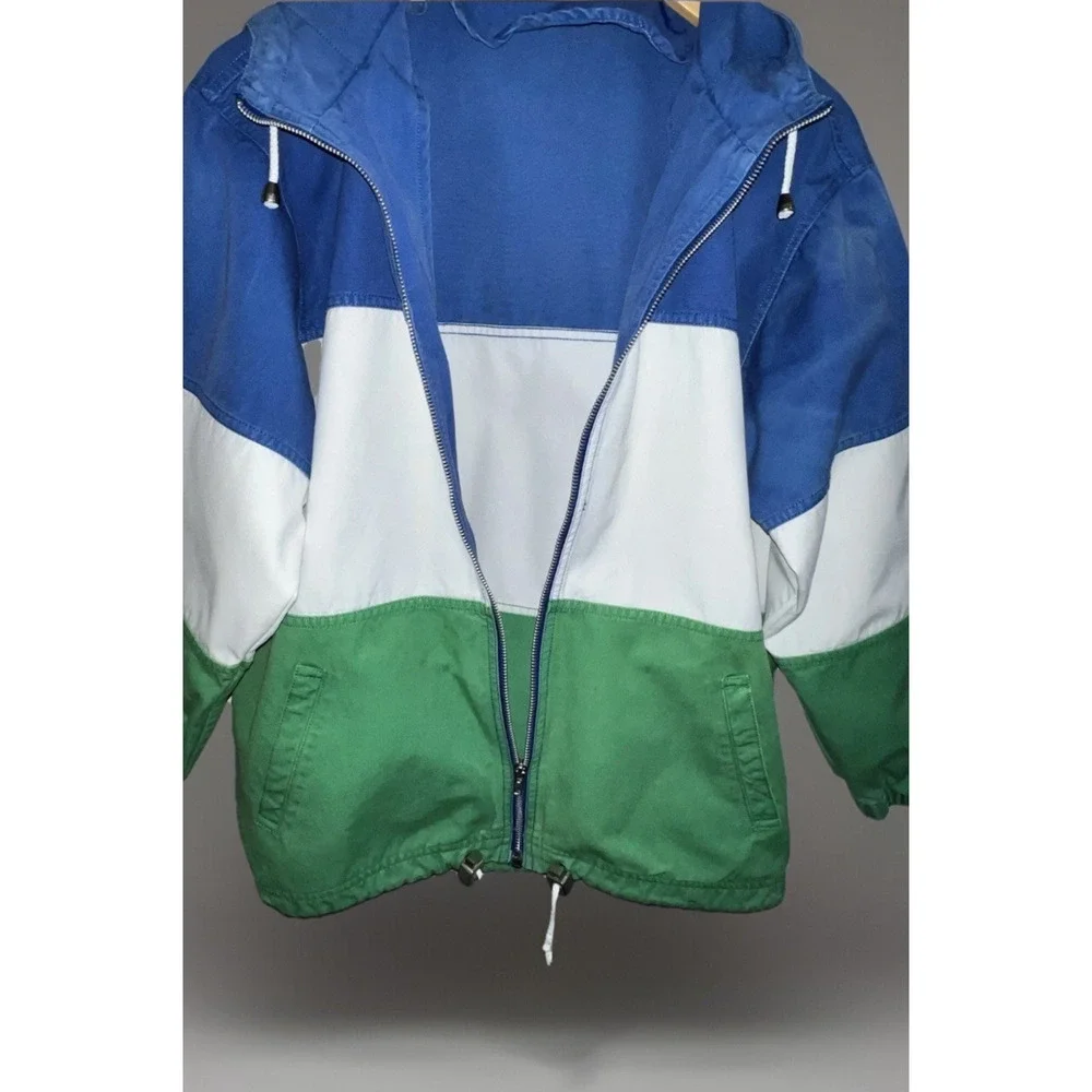 VTG Nautical Hooded Windbreaker Jacket Blue Green White Canvas Small 1980s Retro - Picture 8 of 9